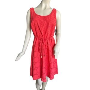 Studio One Coral Red Eyelet Dress Women's 10 A-line Lined Sleeveless Fit & Flare